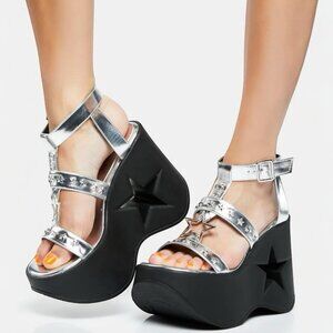 Demonia Dynamite Platform Wedge Sz 7 Silver Star Cutout Rave EDM Festival Gothic